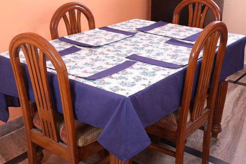 Dekor World Floral Printed Blue Table Cover with Place Mat (Pack of 9) - Image 1