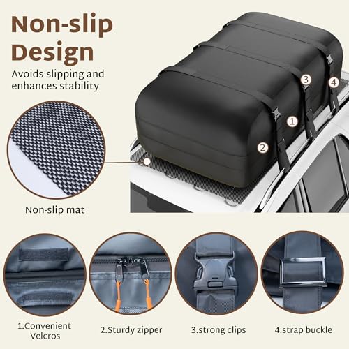 iBirdie Roof Rack Cargo Carrier 32.1 Cubic Feet, XXL Soft-Shell Rooftop Cargo Box, Waterproof Heavy Duty 1200D for Car with/Without Roof Rack, Includes Anti-Slip Mat, Door Hooks, 60x37x25 inches - Image 4