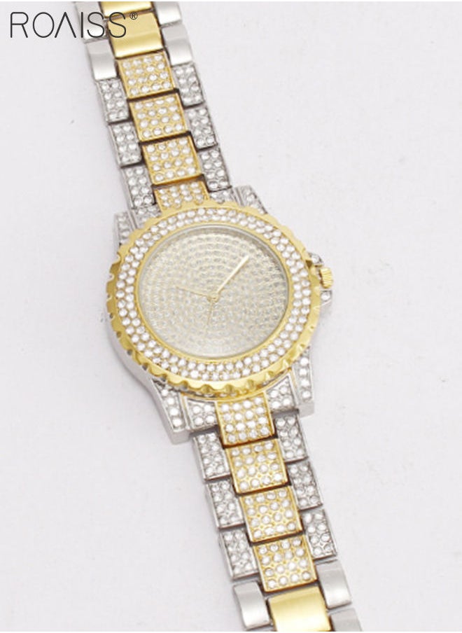 roaiss - Women's Metal Strap Quartz Watch Analog Display Round Dial with Shiny Rhinestones Decoration Luxurious Wristwatch as Gift for Ladies, Silver Gold - Image 1
