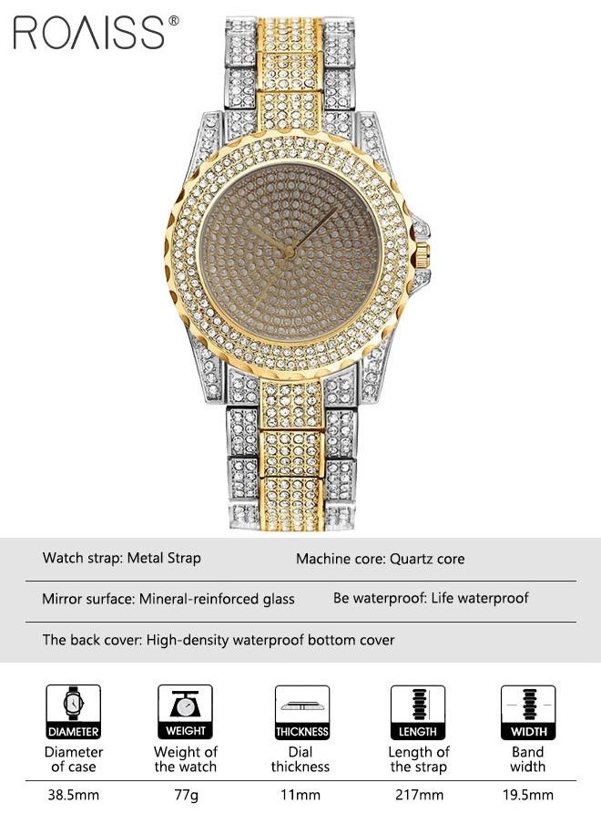 roaiss - Women's Metal Strap Quartz Watch Analog Display Round Dial with Shiny Rhinestones Decoration Luxurious Wristwatch as Gift for Ladies, Silver Gold - Image 1