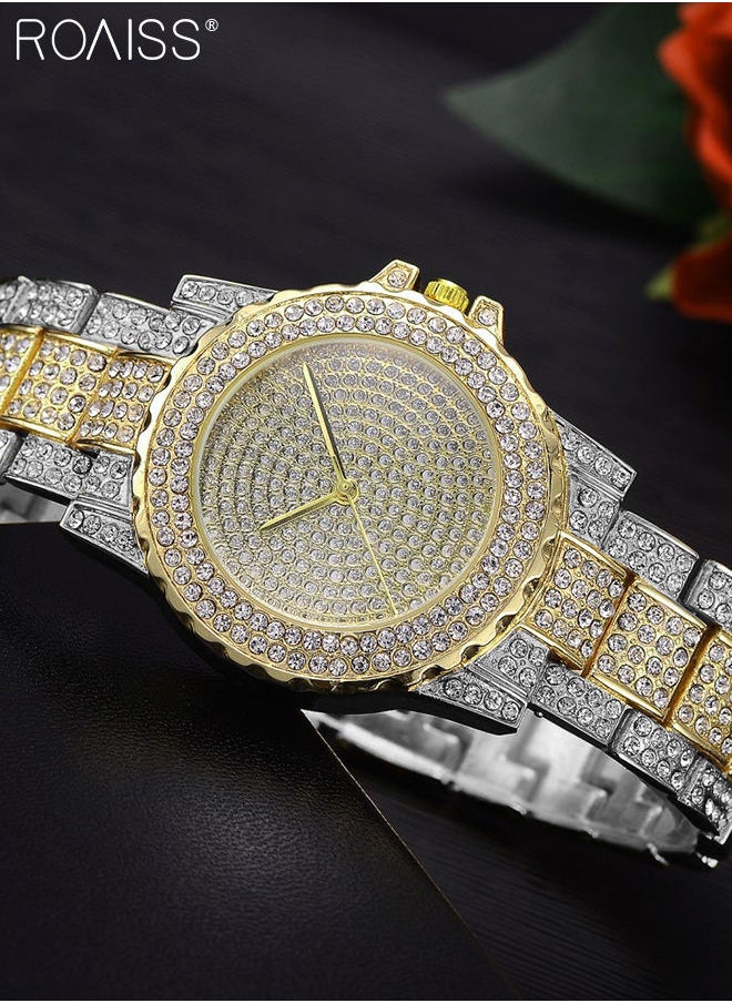 roaiss - Women's Metal Strap Quartz Watch Analog Display Round Dial with Shiny Rhinestones Decoration Luxurious Wristwatch as Gift for Ladies, Silver Gold - Image 1