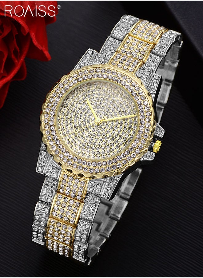 roaiss - Women's Metal Strap Quartz Watch Analog Display Round Dial with Shiny Rhinestones Decoration Luxurious Wristwatch as Gift for Ladies, Silver Gold - Image 1