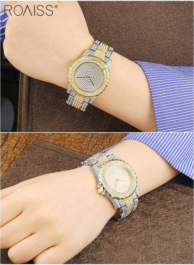 roaiss - Women's Metal Strap Quartz Watch Analog Display Round Dial with Shiny Rhinestones Decoration Luxurious Wristwatch as Gift for Ladies, Silver Gold - Image 1