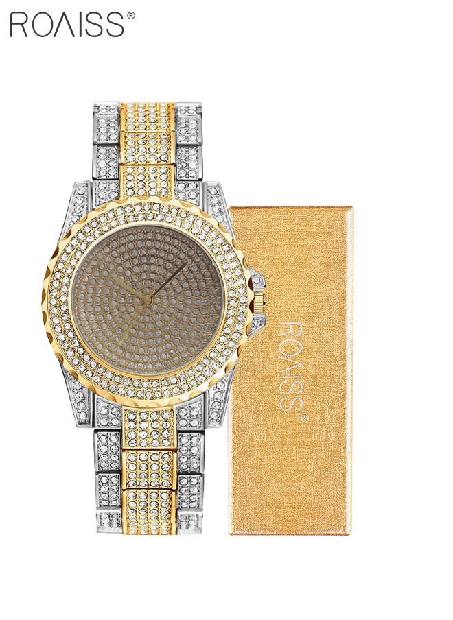roaiss - Women's Metal Strap Quartz Watch Analog Display Round Dial with Shiny Rhinestones Decoration Luxurious Wristwatch as Gift for Ladies, Silver Gold - Image 1