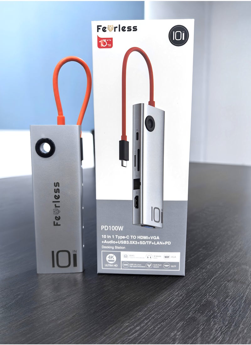 فيرليكس محطة إرساء USB C مع منفذ شحن PD بقدرة 100 وات | موزع USB C متعدد المنافذ 10 في 1 مع منفذ HDMI 4K30 هرتز، 3.0 منافذ USB 3 (5.0 جيجابت في الثانية)، VGA (1080P/60H)، RJ45 (1000 ميجابت في الثانية)، مقبس صوت 3.5 ملم ومنفذ SD/TF  - Image 1