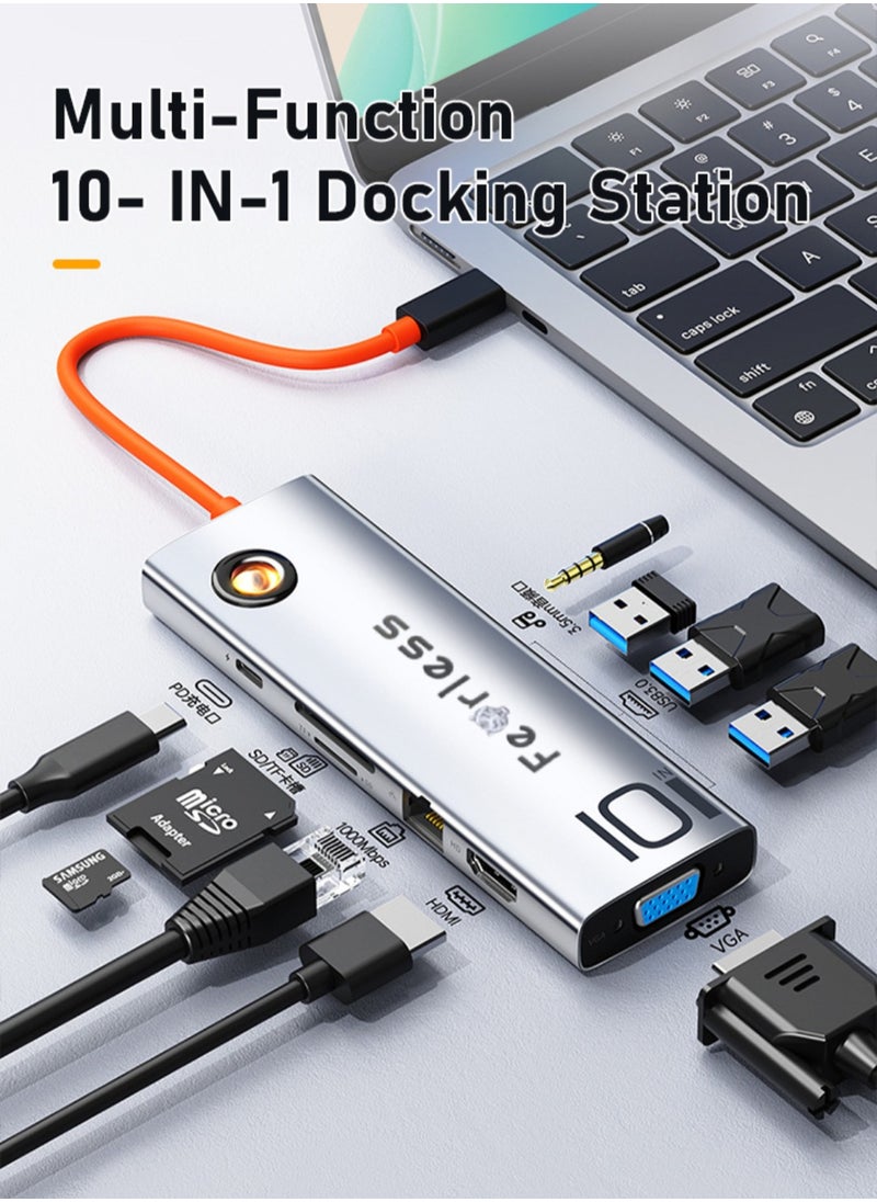 فيرليكس محطة إرساء USB C مع منفذ شحن PD بقدرة 100 وات | موزع USB C متعدد المنافذ 10 في 1 مع منفذ HDMI 4K30 هرتز، 3.0 منافذ USB 3 (5.0 جيجابت في الثانية)، VGA (1080P/60H)، RJ45 (1000 ميجابت في الثانية)، مقبس صوت 3.5 ملم ومنفذ SD/TF  - Image 2