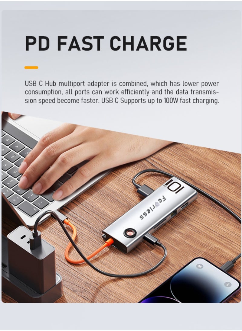 فيرليكس محطة إرساء USB C مع منفذ شحن PD بقدرة 100 وات | موزع USB C متعدد المنافذ 10 في 1 مع منفذ HDMI 4K30 هرتز، 3.0 منافذ USB 3 (5.0 جيجابت في الثانية)، VGA (1080P/60H)، RJ45 (1000 ميجابت في الثانية)، مقبس صوت 3.5 ملم ومنفذ SD/TF  - Image 4