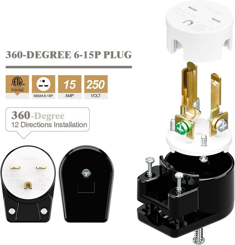acbroad USA 3-Prong Male AC Plug, Right Angle UL Nema 6-15P 3 Pole DIY Rewirable Plug, 15A 250V USA 3Pin AC Connector, 12 Direction Rotatable Plug - Image 5