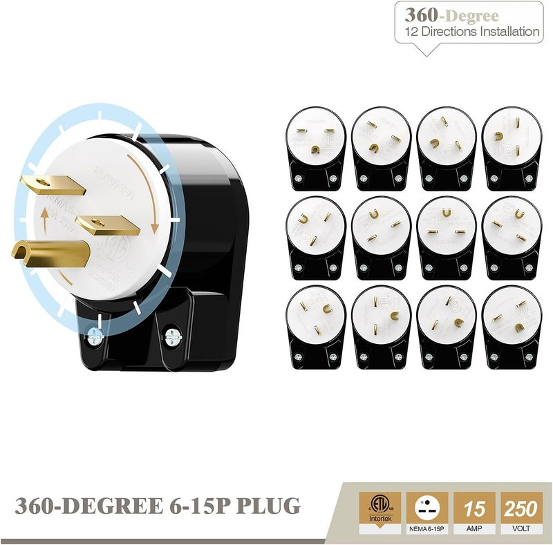 acbroad USA 3-Prong Male AC Plug, Right Angle UL Nema 6-15P 3 Pole DIY Rewirable Plug, 15A 250V USA 3Pin AC Connector, 12 Direction Rotatable Plug - Image 4