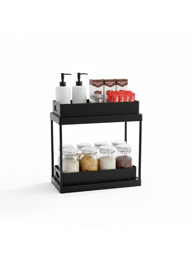 Arabest 2-Tier Pull-Out Under Sink Organizer, Sliding Cabinet Drawer Storage Rack with Hooks, Multi-Purpose for Kitchen & Bathroom, Rustproof Carbon Steel Frame - Image 1