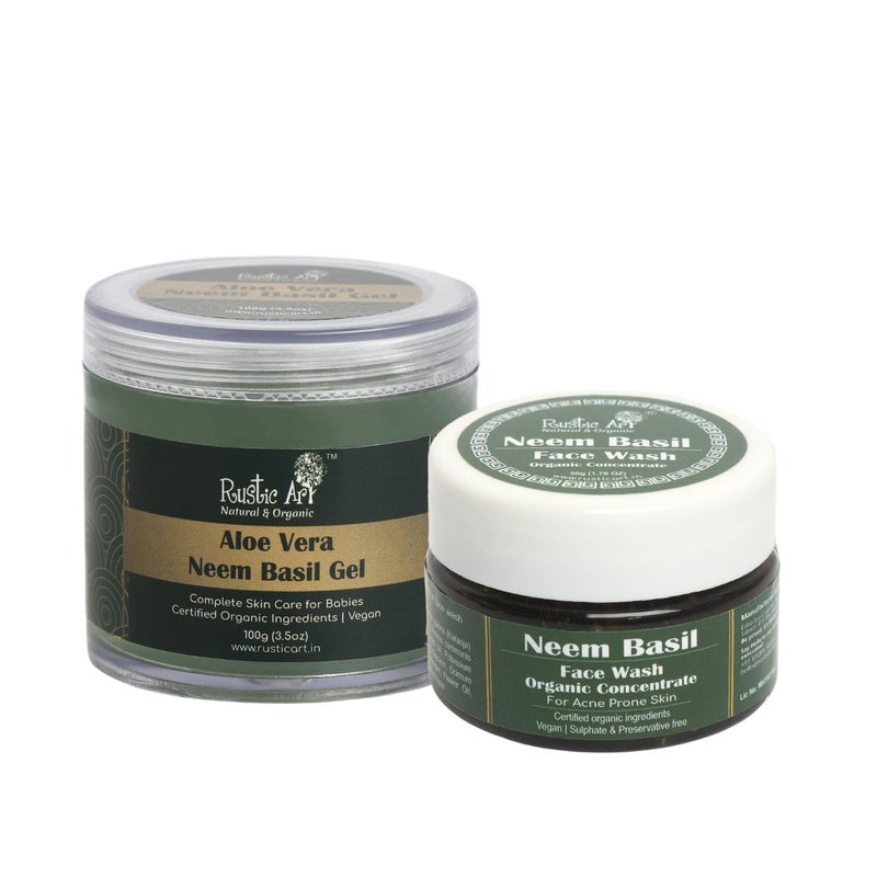 Rustic Art Neem Basil Face Wash Concentrate 50g Neem Basil Aloe Vera Gel 100g Combo for Acne Prone Skin Oil free gel moisturizer with Vit E Deep cleansing hydrating combo