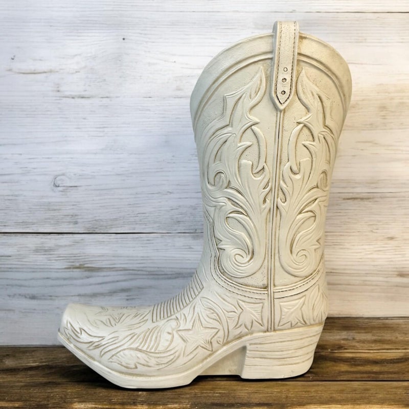 Top Brass Cowgirl Boot Flower Vase â€“ 10 1/2â€ Tall Antique White Finish with Intricate Tooled Leather Detailing â€“ Modern Rustic Western Cowboy Home DÃ©cor for Flowers or Standalone Accent - Image 5