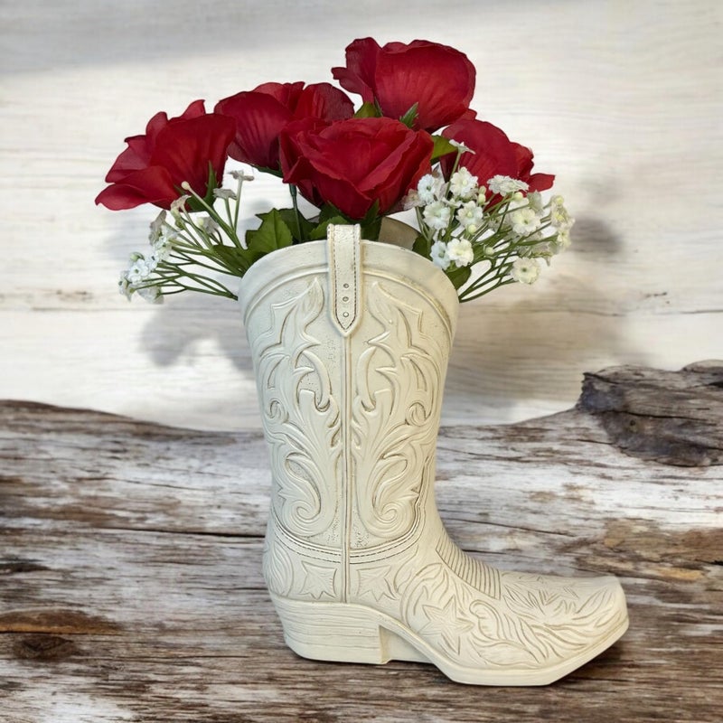 Top Brass Cowgirl Boot Flower Vase â€“ 10 1/2â€ Tall Antique White Finish with Intricate Tooled Leather Detailing â€“ Modern Rustic Western Cowboy Home DÃ©cor for Flowers or Standalone Accent - Image 2