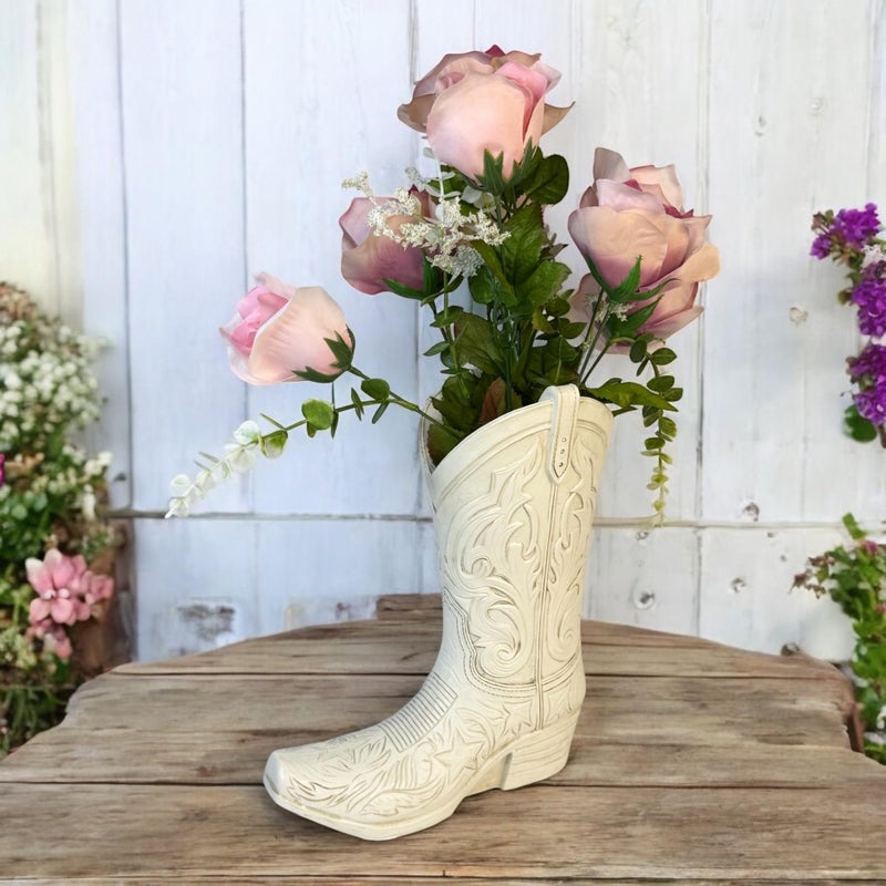 Top Brass Cowgirl Boot Flower Vase â€“ 10 1/2â€ Tall Antique White Finish with Intricate Tooled Leather Detailing â€“ Modern Rustic Western Cowboy Home DÃ©cor for Flowers or Standalone Accent - Image 4