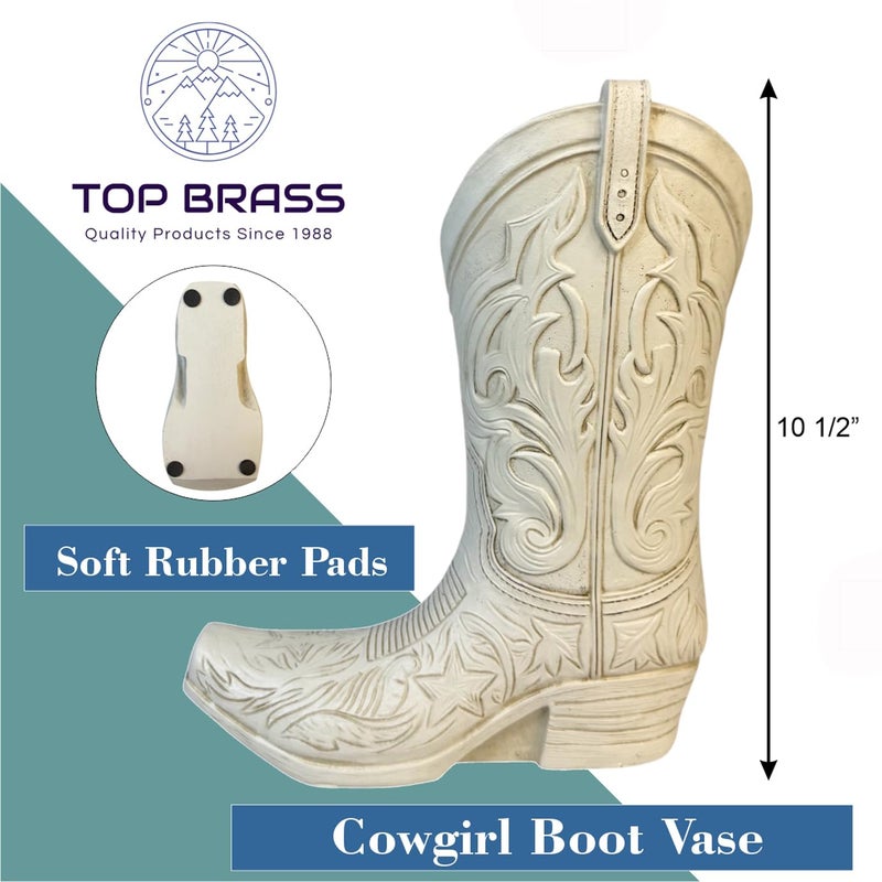 Top Brass Cowgirl Boot Flower Vase â€“ 10 1/2â€ Tall Antique White Finish with Intricate Tooled Leather Detailing â€“ Modern Rustic Western Cowboy Home DÃ©cor for Flowers or Standalone Accent - Image 3