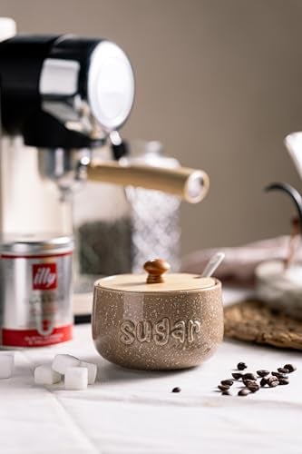 LYEOBOH Sugar Bowl with Lid and Spoon Ceramic Sugar Holder for Coffee Bar Accessories 17 OZ Cute Sugar Jar Container for Countertop Azucarera for Farmhouse Rustic Home and Kitchen Speckled Khaki - Image 3