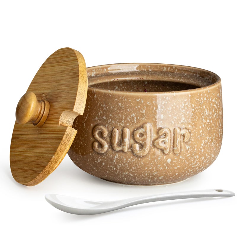 LYEOBOH Sugar Bowl with Lid and Spoon Ceramic Sugar Holder for Coffee Bar Accessories 17 OZ Cute Sugar Jar Container for Countertop Azucarera for Farmhouse Rustic Home and Kitchen Speckled Khaki - Image 2