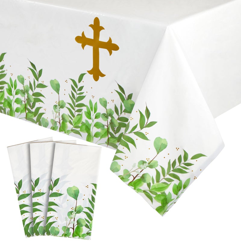 3 Pack Religious Table Covers for Easter Party Baptism First Communion Catholic Gold Cross Plastic Tablecloth  54x108 inch  Party Accessory for Themed Events and Special Occasions