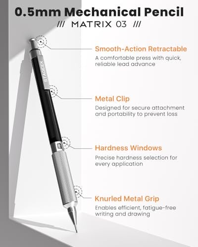STAGEEK 0.5mm Mechanical Pencil, Metal Art & Drafting Pencil with Eraser and 60 HB Lead Refills, Professional Drawing Pencil for Artists, Students, School, Office, Writing, Sketching, Drafting(Black) - Image 2