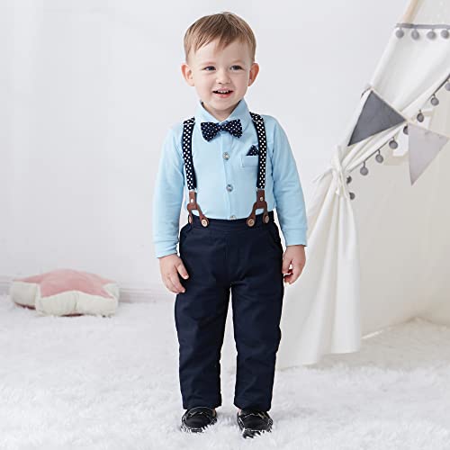 SANMIO Baby Boy Clothes Suit 12-18 Months Boys Baptism Easter Outfits Baby Shirt+Bow Tie+Pants+Suspenders 4Pcs Christmas Wedding Clothing Set (Blue, 12-18 Months) - Image 2