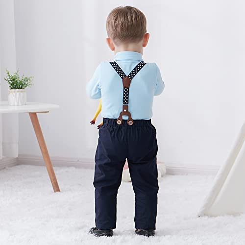 SANMIO Baby Boy Clothes Suit 12-18 Months Boys Baptism Easter Outfits Baby Shirt+Bow Tie+Pants+Suspenders 4Pcs Christmas Wedding Clothing Set (Blue, 12-18 Months) - Image 5