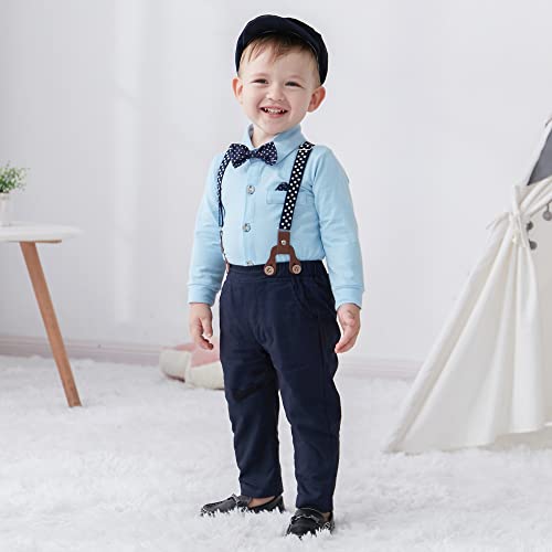 SANMIO Baby Boy Clothes Suit 12-18 Months Boys Baptism Easter Outfits Baby Shirt+Bow Tie+Pants+Suspenders 4Pcs Christmas Wedding Clothing Set (Blue, 12-18 Months) - Image 3