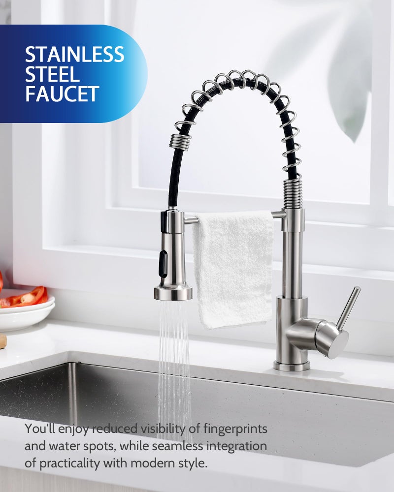 LUFEIDRA Stainless Steel Kitchen Faucet with Sprayer-High Arc Dual Function Brushed Nickel Sink Faucet, Commercial Single Handle One Hole Spring Faucet for RV Farmhouse Camper Laundry Bar Sink - Image 2