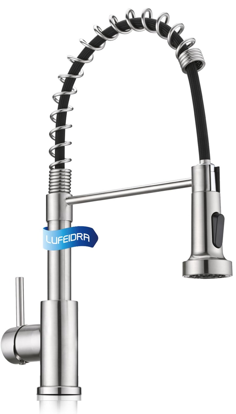 LUFEIDRA Stainless Steel Kitchen Faucet with Sprayer-High Arc Dual Function Brushed Nickel Sink Faucet, Commercial Single Handle One Hole Spring Faucet for RV Farmhouse Camper Laundry Bar Sink - Image 1
