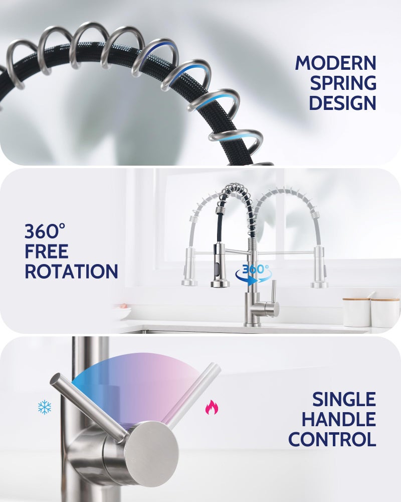 LUFEIDRA Stainless Steel Kitchen Faucet with Sprayer-High Arc Dual Function Brushed Nickel Sink Faucet, Commercial Single Handle One Hole Spring Faucet for RV Farmhouse Camper Laundry Bar Sink - Image 5