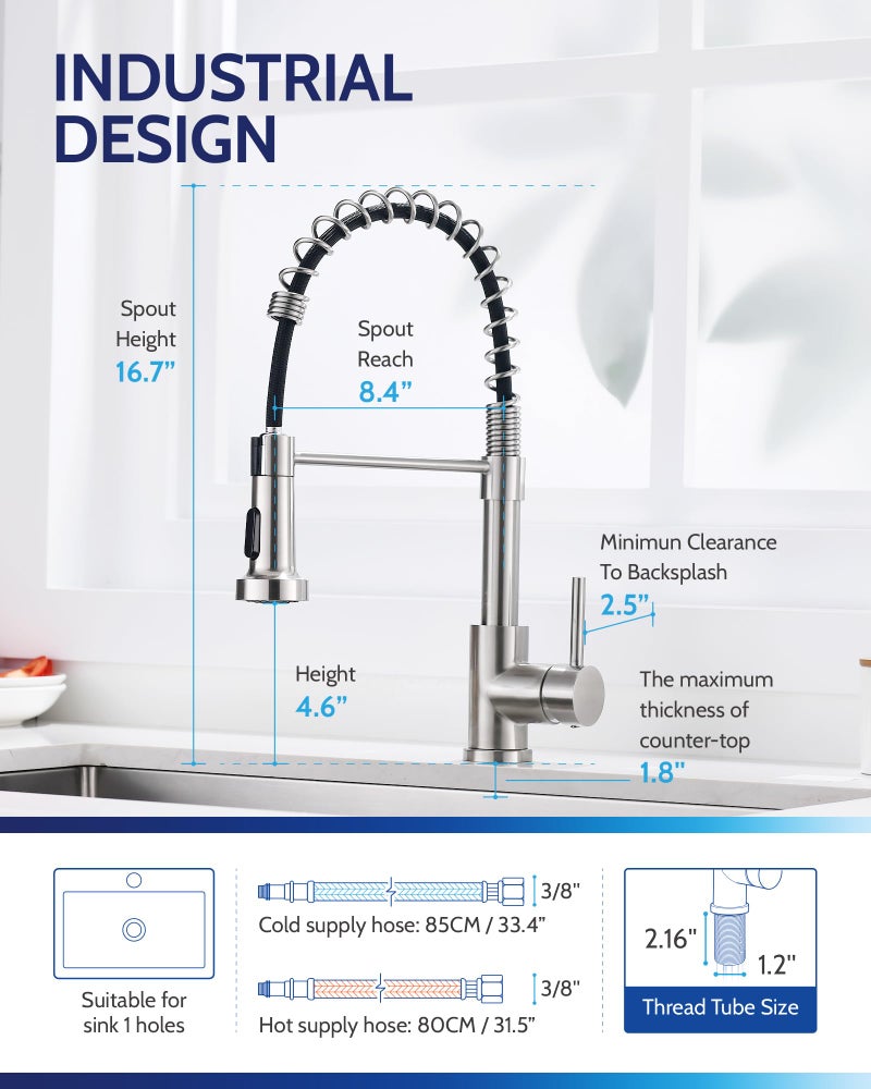 LUFEIDRA Stainless Steel Kitchen Faucet with Sprayer-High Arc Dual Function Brushed Nickel Sink Faucet, Commercial Single Handle One Hole Spring Faucet for RV Farmhouse Camper Laundry Bar Sink - Image 3