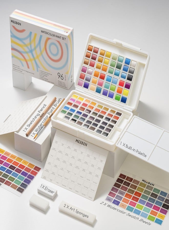 MEEDEN Watercolor Paint Set 96 Colors in Portable Box, Paint Kit with Brush, Palette, Art Supplies, Customizable Color Blocks, Bright Watercolors Travel Set for Adult Teens Beginner Amateur Artists - Image 2