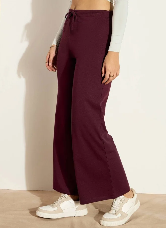 SASSAFRAS Burgundy Wide Leg Cotton Track Pants for Women