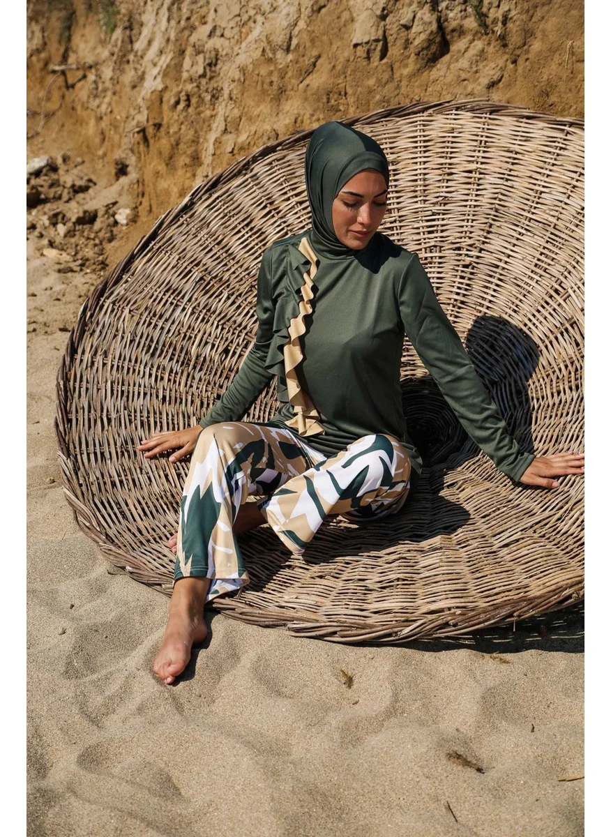 مارينا Rivamera Women's Khaki Flounce Design Patterned Hijab Swimsuit R1105