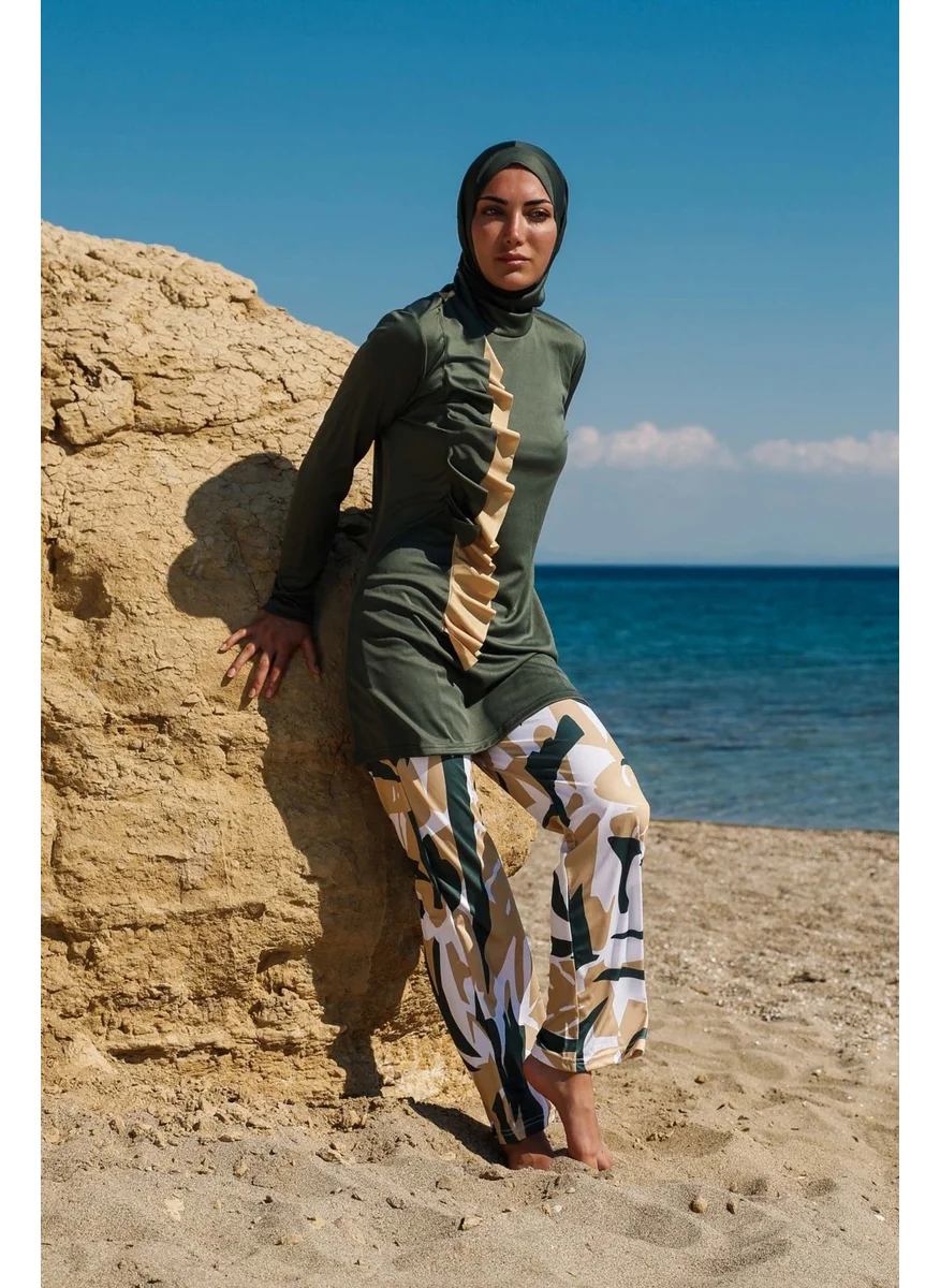 مارينا Rivamera Women's Khaki Flounce Design Patterned Hijab Swimsuit R1105
