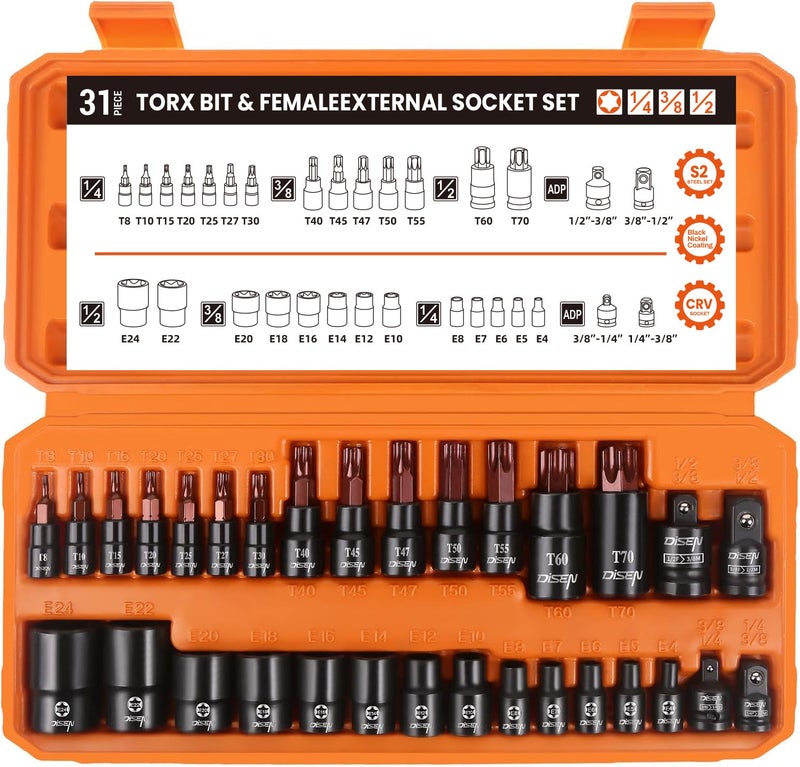 DISEN 31-Piece Torx Bit Socket and Female External Socket Set, Premium CR-V & S2 Alloy Steel, Star T8-T70 & E-Torx E4-E24,Impact Socket Adapter Set,High Torque Laser Marked for Automotive Mechanic - Image 1