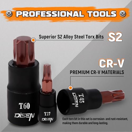 DISEN 31-Piece Torx Bit Socket and Female External Socket Set, Premium CR-V & S2 Alloy Steel, Star T8-T70 & E-Torx E4-E24,Impact Socket Adapter Set,High Torque Laser Marked for Automotive Mechanic - Image 3