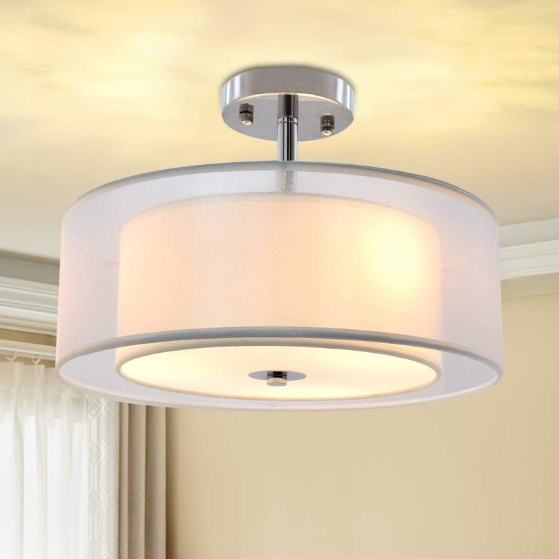 Depuley Depuley Semi Flush Mount Drum Ceiling Light, Double Tier Creamy-White Circular Fabric lampshade, Modern Pendant Light with 3 Lights Socket for Bedroom, Dining Room, Living Room(Bulbs No Included)  - Image 1