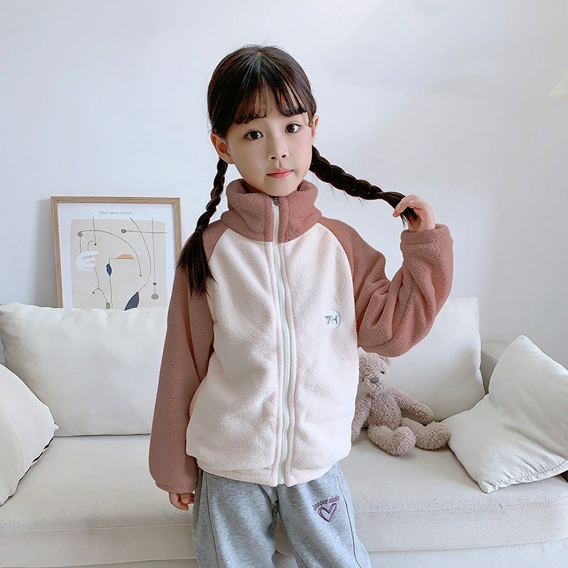 Baby Outwear Puff Velvet Color-Blocked Kidsren'S Zipper Tops For Boys And Girls Stand-Up Collar Jackets Thickeneded And Warm - Image 1