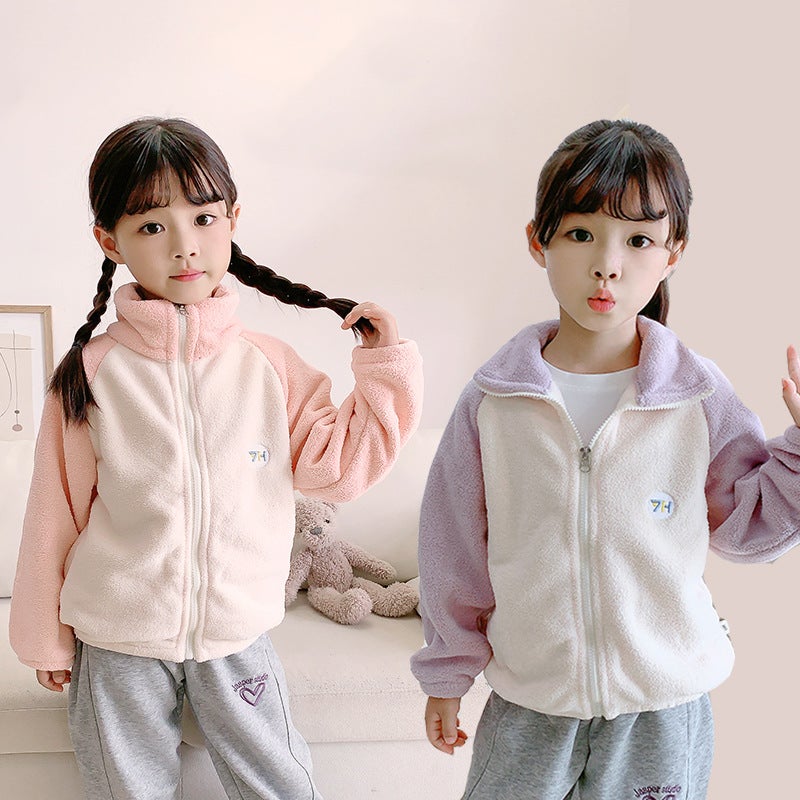 Baby Outwear Puff Velvet Color-Blocked Kidsren'S Zipper Tops For Boys And Girls Stand-Up Collar Jackets Thickeneded And Warm - Image 2