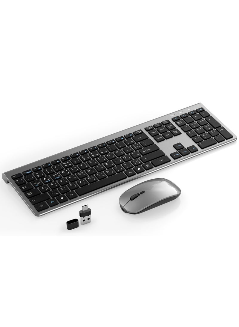 ياكيتر لوحة مفاتيح وفأرة قابلة للشحن بالعربية والإنجليزية، فأرة ولوحة مفاتيح لاسلكية 2.4 جيجاهرتز من Yakiter مع مستقبل USB A وType C، لوحة مفاتيح وفأرة قابلة للشحن Type C للكمبيوتر الشخصي، اللابتوب، سطح المكتب، والهاتف (رمادي) - Image 1