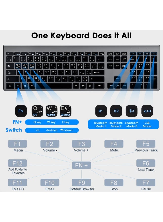 ياكيتر لوحة مفاتيح وفأرة قابلة للشحن بالعربية والإنجليزية، فأرة ولوحة مفاتيح لاسلكية 2.4 جيجاهرتز من Yakiter مع مستقبل USB A وType C، لوحة مفاتيح وفأرة قابلة للشحن Type C للكمبيوتر الشخصي، اللابتوب، سطح المكتب، والهاتف (رمادي) - Image 5