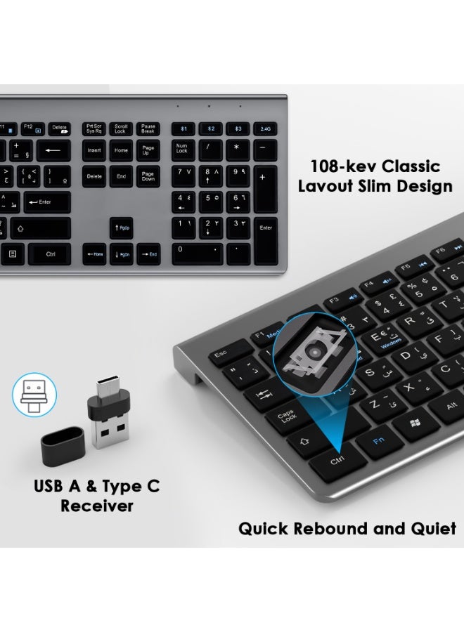 ياكيتر لوحة مفاتيح وفأرة قابلة للشحن بالعربية والإنجليزية، فأرة ولوحة مفاتيح لاسلكية 2.4 جيجاهرتز من Yakiter مع مستقبل USB A وType C، لوحة مفاتيح وفأرة قابلة للشحن Type C للكمبيوتر الشخصي، اللابتوب، سطح المكتب، والهاتف (رمادي) - Image 3