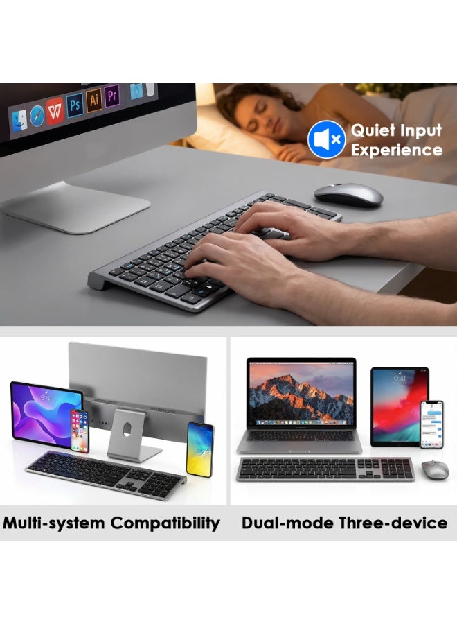 ياكيتر لوحة مفاتيح وفأرة قابلة للشحن بالعربية والإنجليزية، فأرة ولوحة مفاتيح لاسلكية 2.4 جيجاهرتز من Yakiter مع مستقبل USB A وType C، لوحة مفاتيح وفأرة قابلة للشحن Type C للكمبيوتر الشخصي، اللابتوب، سطح المكتب، والهاتف (رمادي) - Image 4