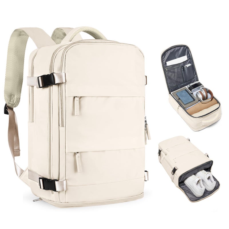 coofay Beige Travel Backpack For Women Men Airline Approved Personal Item Carry On Flight Approved Waterproof Backpack For Traveling On Airplane Weekender Travel Bag - Image 1