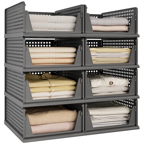Pinkpum 8 Pack Closet Organizers Storage Bins, Stackable Plastic Drawer Basket for Clothing, Stackable Storage Bins Shelf Storage Container for Closet Wardrobe Bedroom Bathroom Office Black - Image 1