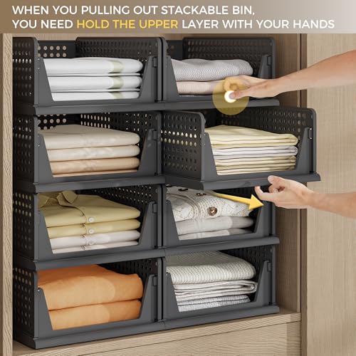 Pinkpum 8 Pack Closet Organizers Storage Bins, Stackable Plastic Drawer Basket for Clothing, Stackable Storage Bins Shelf Storage Container for Closet Wardrobe Bedroom Bathroom Office Black - Image 2