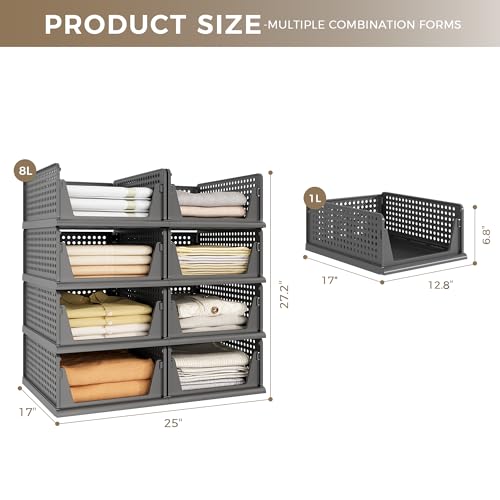 Pinkpum 8 Pack Closet Organizers Storage Bins, Stackable Plastic Drawer Basket for Clothing, Stackable Storage Bins Shelf Storage Container for Closet Wardrobe Bedroom Bathroom Office Black - Image 4