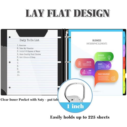 INFUN 1 Inch 3-Ring Telescoping Project Organizer Binder,13 Pocket, Customizable Front Cover, 5 Colors Pocket Divider and Plastic Binder Pocket，225 Sheet Capacity-Black - Image 3