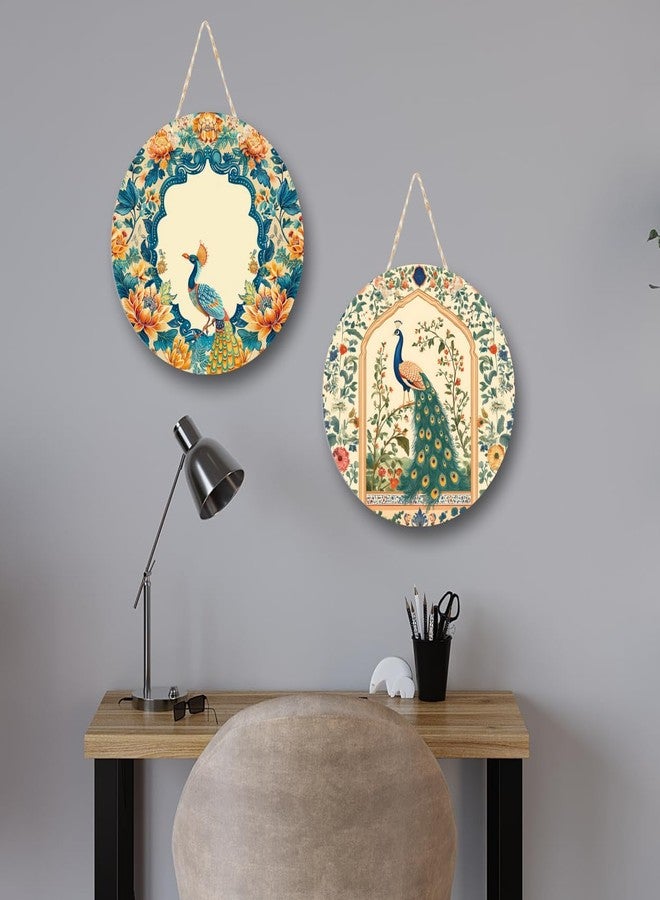 RADIQORE Decorative Pichwai Art Wooden Wall Hanging Decoration Items for Home | Bedroom | Mdf Designer Artwork for Living Room | Ideal Gift | Stylish Modern Decor Item for Hall (Set of 2) (Peacock 4) - Image 2