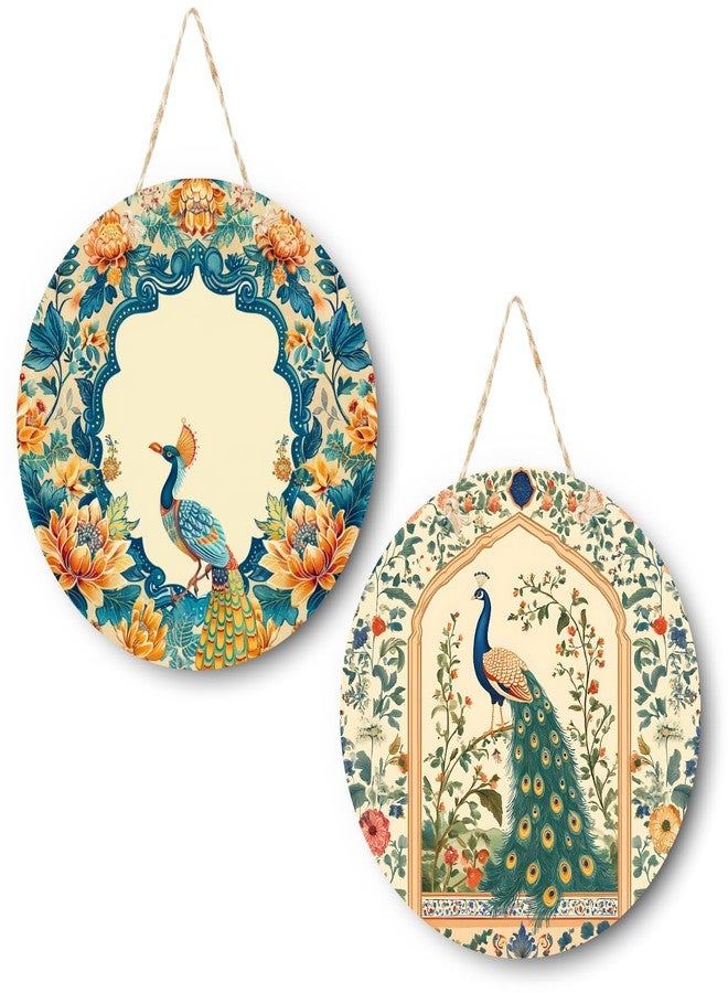 RADIQORE Decorative Pichwai Art Wooden Wall Hanging Decoration Items for Home | Bedroom | Mdf Designer Artwork for Living Room | Ideal Gift | Stylish Modern Decor Item for Hall (Set of 2) (Peacock 4) - Image 1